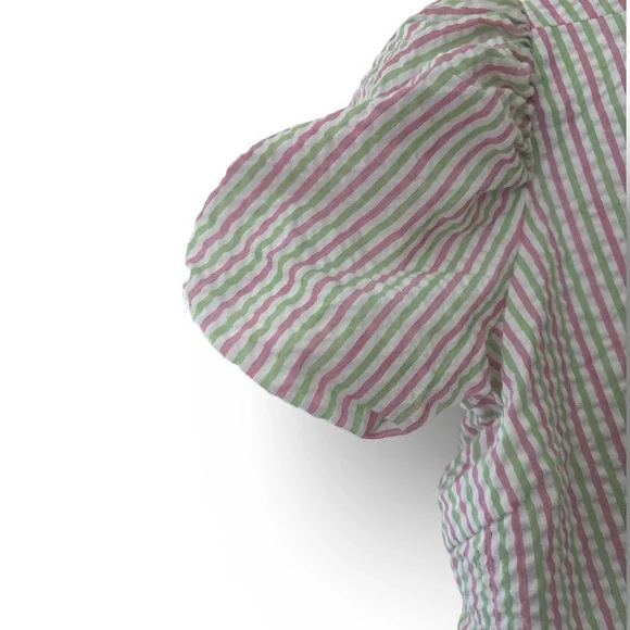 NWOT Draper James RSVP XS Pink Green Striped Seersucker Puff Sleeve Wrap Dress - Picture 3 of 14